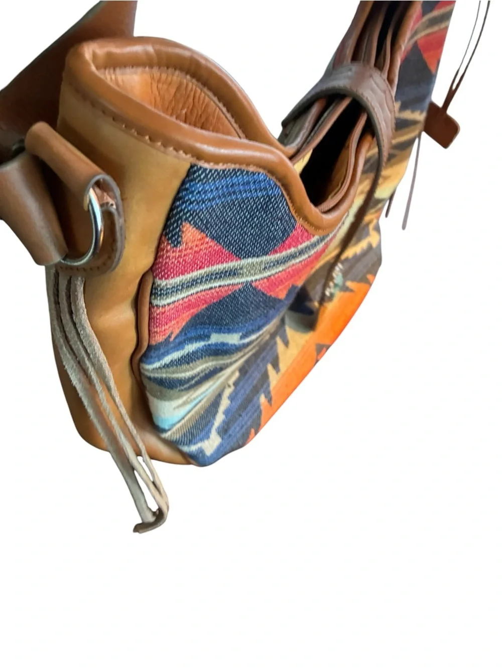Ariat Southwestern Pattern Tan Leather-Trim Shoulder Bag w fringe Large tooled